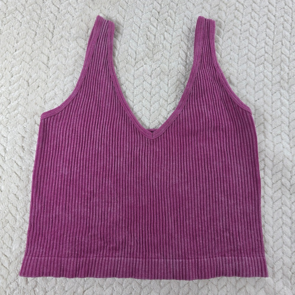 Aura Womens M/L Magenta Pink Ribbed V-Neck Seamless Tank Top